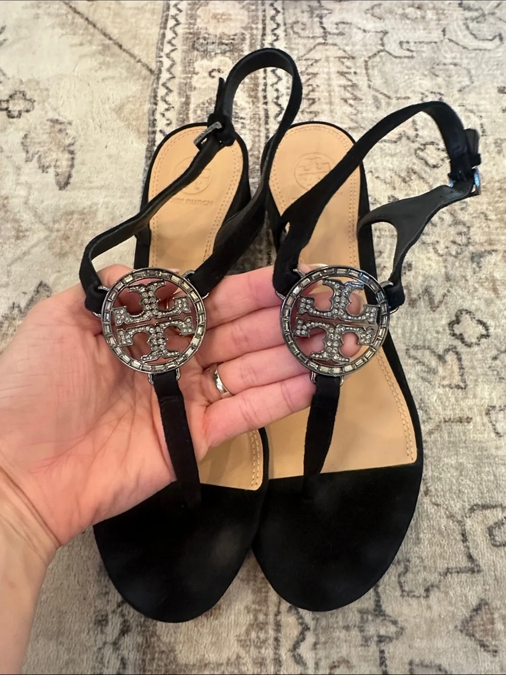 Tory Burch Black Medallion Rhinestone Strappy Sandals Black Suede size 10M